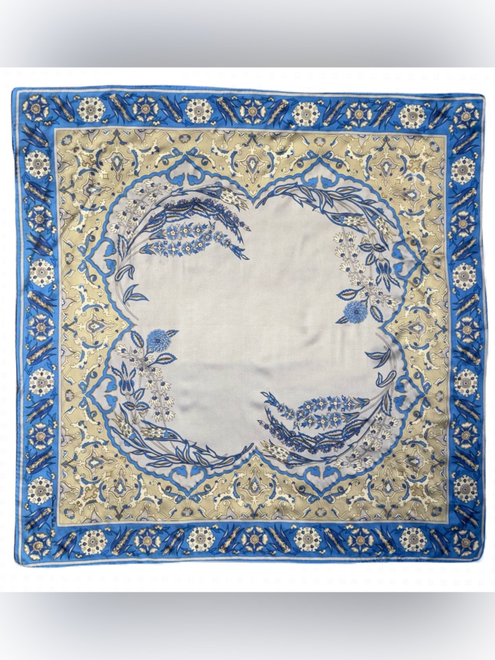 Vintage Oscar de la Renta Blue and Cream Floral Silk Scarf 30.5”x30.5”